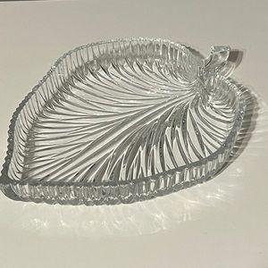 Crystal Ribbed Cut Glass Leaf Shaped Serving Candy Dish